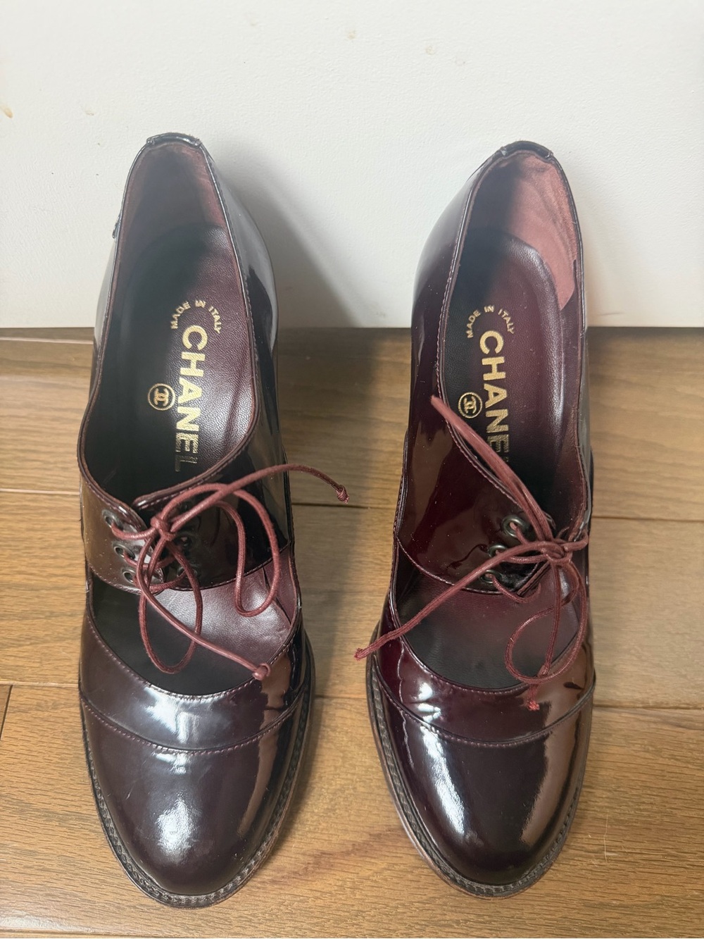 Vintage 1990s Chanel Burgundy Patent Leather Lace-Up Mary Jane Pumps - EU 38.5